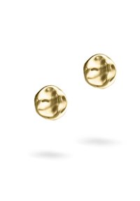 Guldtonede stiftøreringe med en uregelmæssig, organisk form og en glat, poleret overflade, der reflekterer lyset. Ingen yderligere udsmykninger.