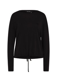 Black long-sleeve top with a round neckline and a gathered drawstring hem. Features subtle embroidered logo on the front. Soft texture.