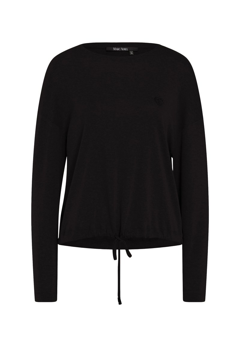 Black long-sleeve top with a round neckline and a gathered drawstring hem. Features subtle embroidered logo on the front. Soft texture.