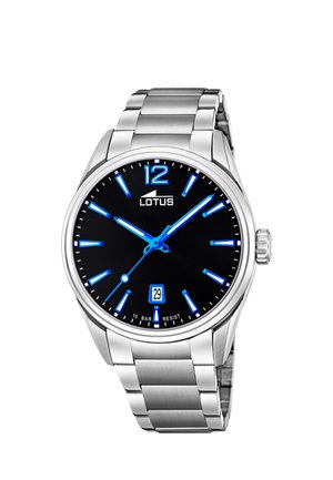 Montre en acier inoxydable avec un cadran noir, des index et aiguilles bleus, affichage de la date et un bracelet métallique. Résistant à l'eau jusqu'à 10 bars.