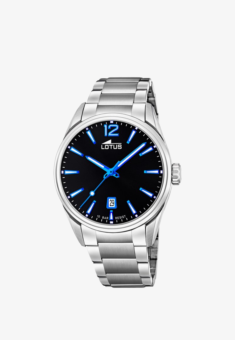 Edelstahlarmbanduhr mit schwarzem Zifferblatt, blauen Stundenmarkierungen und -zeigern, Datumsanzeige und einem metallischen Armband. Wasserdicht bis 10 Bar.