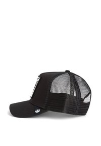 Black baseball cap with mesh back, curved visor, and adjustable strap. Features a logo on the front and side accents for detail.