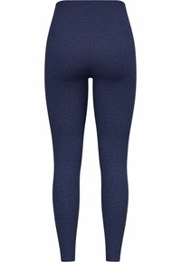 Collants bleu marine avec une taille haute, en tissu doux et extensible. Présente une texture lisse et une coupe ajustée sans coutures visibles.