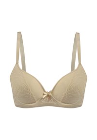 Beżowy biustonosz z drucikiem, ozdobiony koronkowym wzorem w kwiaty, z gładkimi miseczkami, regulowanymi satynowymi ramiączkami, małym kokardkowym detalem na środku oraz miękką fakturą.