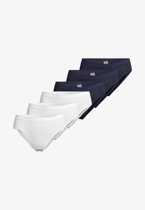 Fünf Slips: zwei weiße Paare und drei marineblaue Paare. Hergestellt aus glattem Baumwollstoff mit elastischen Bündchen und minimalistischem Design.