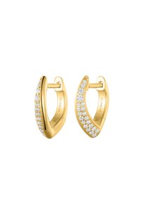 Gold hoop earrings with a curved V shape, each adorned with two rows of small, sparkling white gemstones on the front outer edge.