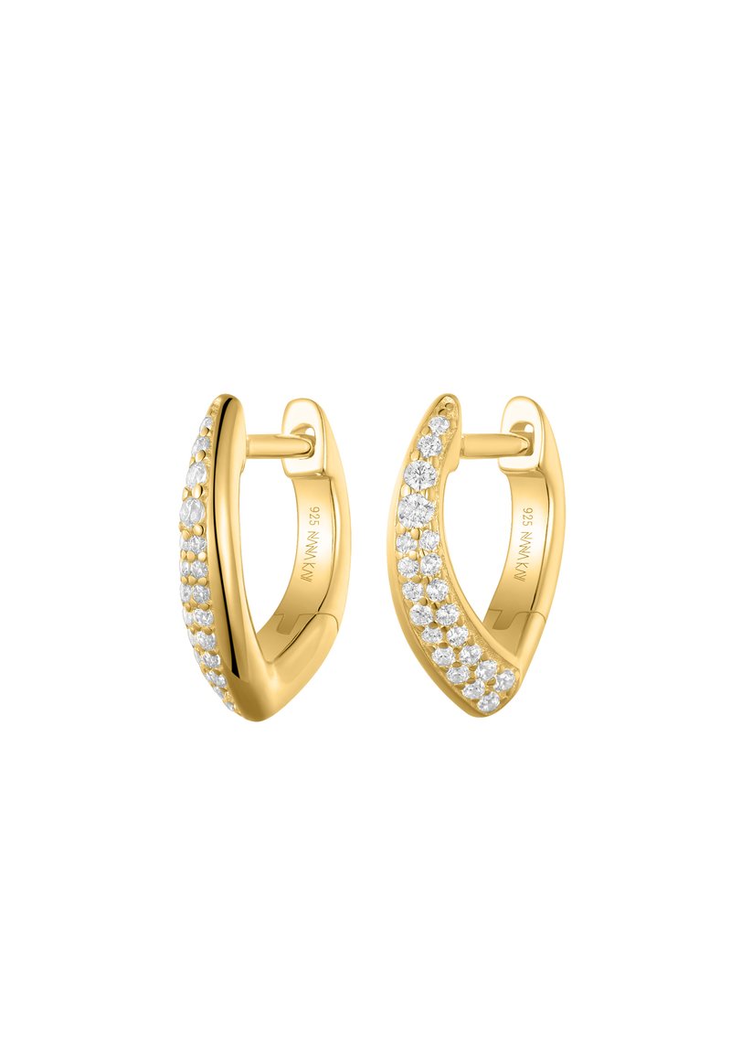 Gold hoop earrings with a curved V shape, each adorned with two rows of small, sparkling white gemstones on the front outer edge.