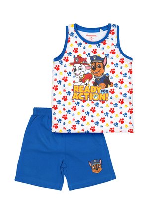 Children’s two-piece outfit with sleeveless top featuring Paw Patrol characters, colorful paw prints, and blue shorts with a character face.