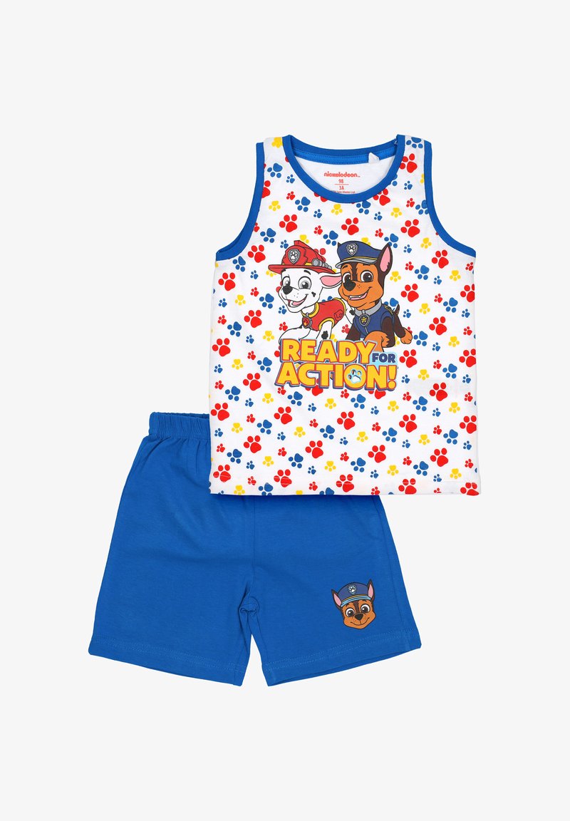 Completo per bambini formato da due pezzi, con una maglietta senza maniche che presenta i personaggi di Paw Patrol, impronte colorate e pantaloni blu con il volto di un personaggio.
