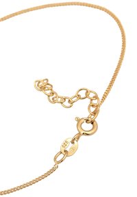 Collo collana in metallo dorato con una delicata texture intrecciata, dotata di chiusura a moschettone e di un'estensione della catena regolabile.