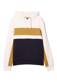 Felpa con cappuccio caratterizzata da blocchi di colore bianco, senape e blu navy. Realizzata in tessuto morbido, presenta una tasca a marsupio frontale e un cordino.