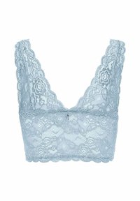 Bralette in pizzo azzurro chiaro con ampie spalline in pizzo, motivi floreali e bordi ondulati, caratterizzato da una texture trasparente e design a canotta.