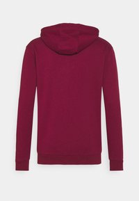 Dunkelroter Hoodie mit langen Ärmeln, eng anliegenden Bündchen und einem schlichten Rücken, vor einem weißen Hintergrund präsentiert.