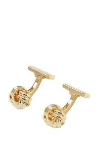 Kultaisista sävyistä valmistetut cufflinkit, joissa on solmumuotoilu, kiiltävä pinta, suorakulmainen takaosa ja sileä rakenne.