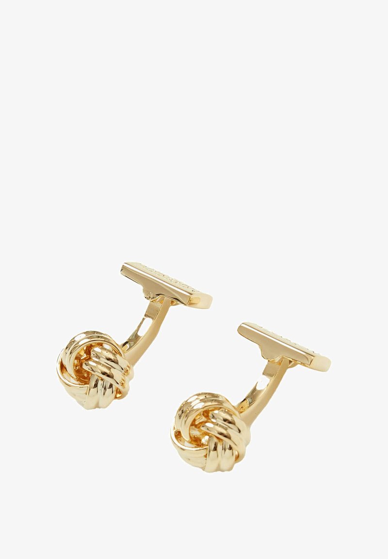 Gouden manchetknopen met een geknoopt ontwerp en een gladde afwerking, rechthoekige achterkant en een gladde textuur.
