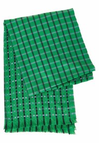 Sciarpa intrecciata verde con un motivo a scacchi e strisce nere, con bordi frangiati. Realizzata in un tessuto morbido con una trama leggera.
