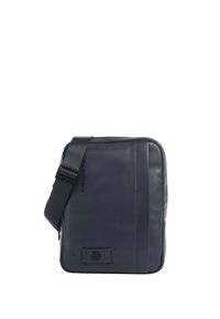 Borsa a tracolla in pelle di colore blu scuro, forma rettangolare, con tracolla regolabile, tasca frontale e superficie testurizzata.