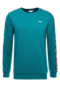 Modrozelená bavlněná mikina s dlouhými rukávy. Má kulatý výstřih a logo na hrudi, na rukávech je vzorovaná páska.