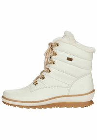 Witte leren enkelboots met nepbontvoering, gouden hardware en beige veters. Getextureerde rubberen zool met een lichte wigontwerp.