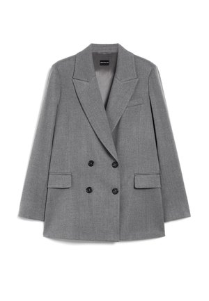 Blazer grigio doppiopetto in tessuto strutturato, con ampi revers, due tasche frontali e bottoni neri.