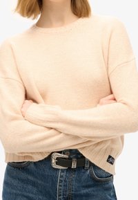 Pull en tricot rose clair avec des manches longues, un col rond et un ourlet côtelé. Associé à un jean en denim bleu taille haute et une ceinture noire.