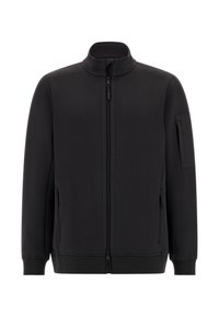 Črno zip-up jakno z visokim ovratnikom, izdelano iz mehkega materiala, s dvema stranskima žepoma in žepom na levem rokavu s pravokotnim pokrovom.