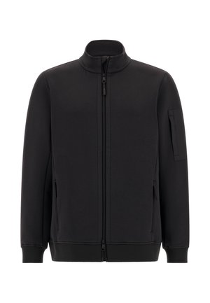 Black zip-up jacket with a high collar, made of soft fabric, featuring two side pockets and a left arm pocket with a rectangular flap.