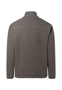 Gray textured jacket with a subtle grid pattern, a high collar, and long sleeves, featuring a relaxed fit and no visible fasteners.
