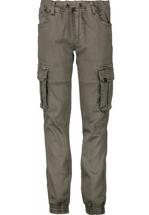 Pantalons cargo en vert olive, avec de multiples poches latérales, une taille élastiquée et des poignets élastiques. Le tissu est lisse et légèrement texturé.
