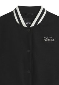 Svart varsityjacka med vit randig krage, med svarta knappar och broderad "Vans"-logotyp på vänstra bröstet. Mjukt, texturerat tyg.