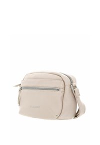 Sac bandoulière en cuir beige avec une texture lisse, des compartiments zippés et un branding subtil. Doté d'une sangle réglable et d'une forme compacte.
