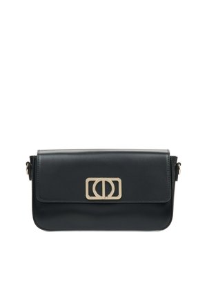 Black leather crossbody bag with a gold rectangular clasp, soft texture, flap closure, and minimalistic design. Adjustable strap included.