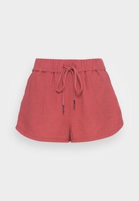 Pantalones cortos de lino rojos con cinturilla elástica, cordón ajustable y tejido texturizado, en un corte relajado con un dobladillo liso.