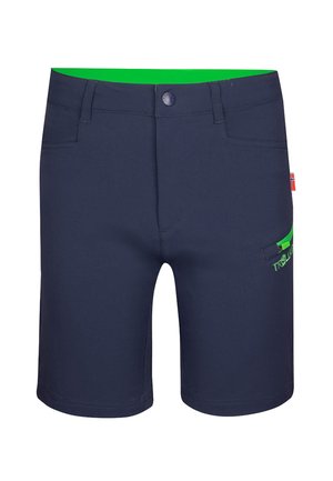 Navyblaue Shorts aus Baumwolle mit glatter Textur. Mit grünem Bund und Taschenakzenten. Inklusive einer Vorderknopf und Gürtelschlaufen.