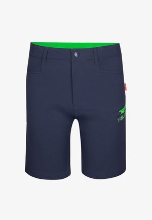 Navy blue shorts made of cotton with a smooth texture. Features green waistband and pocket accents. Includes a front button and belt loops.