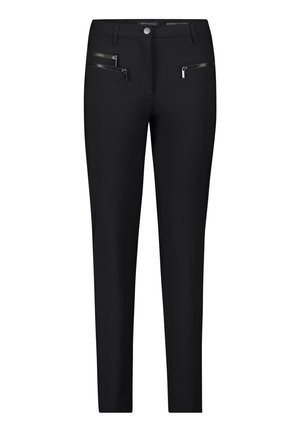 Black pants with a sleek design, featuring two zippered pockets on the front and a smooth, stretchy material for comfort.