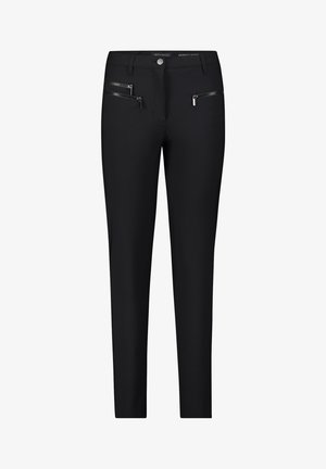 Black pants with a sleek design, featuring two zippered pockets on the front and a smooth, stretchy material for comfort.