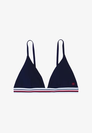 Top de bikini triangular, cu cupe în dungi navy blue, cu două bretele, având o bandă orizontală în dungi alb-roșii la bază și un accent cu un logo mic.