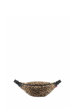 Faux-Fell-Bauchtasche mit Leopardenmuster, schwarzem Reißverschluss und verstellbarem schwarzem Riemen mit Schnallenverschluss.