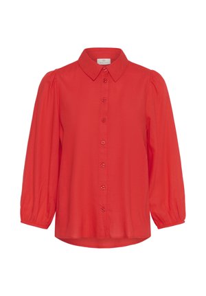 Rote Bluse mit langen Ärmeln, durchgehender Knopfleiste, abgerundeten Manschetten, leicht aufgeplusterten Schultern und klassischem spitzem Kragen.