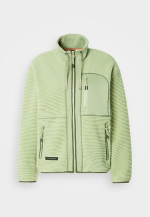 Hellgrüne Fleecejacke mit durchgehendem Reißverschluss, hohem Kragen und zwei Seitentaschen. Verfügt über strukturierten Stoff und dekorative Details.