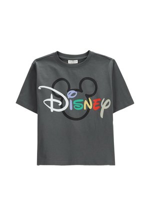 Ciemnoszara koszulka z krótkim rękawem z wielokolorowym napisem „Disney” i czarnym konturem uszu Myszki Miki za napisem.