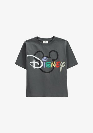 Ciemnoszara koszulka z krótkim rękawem z wielokolorowym napisem „Disney” i czarnym konturem uszu Myszki Miki za napisem.