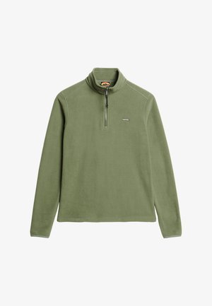 Olijfgroene fleecetrekpullover, half-ritssluiting met een neklap, met een klein logo op de borst en een zachte textuur.