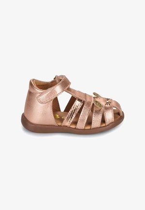Rose gold toddler sandal with closed heel, open toe, velcro strap, and decorative bunny face on front straps.