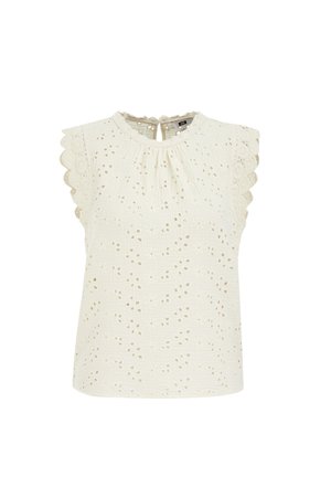 Blouse blanche sans manches en tissu dentelle à jours, finition dentelle festonnée aux épaules et fermeture par bouton en forme de trou à l'arrière de l'encolure.