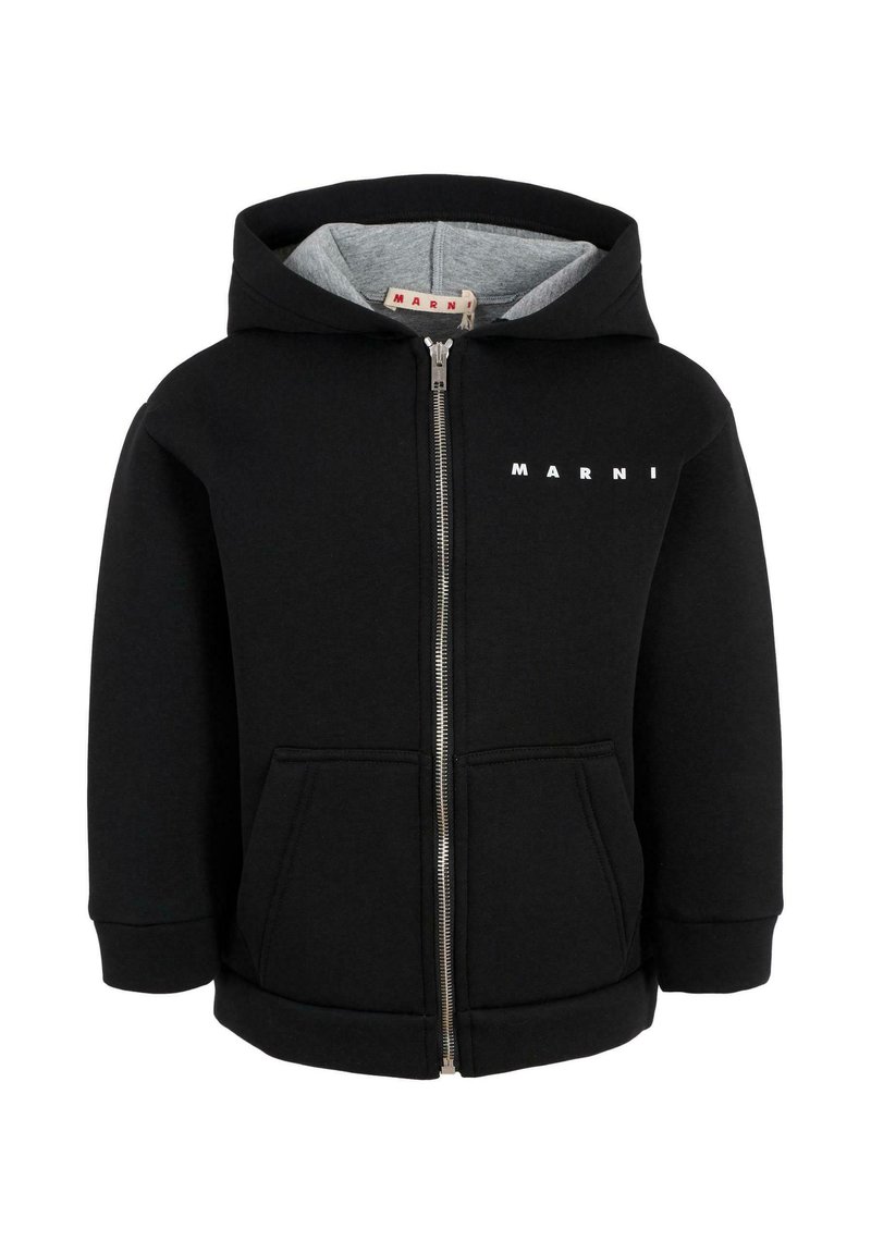 Giacca a hoodie nera con interno grigio. Presenta una zip frontale, due tasche frontali e il testo bianco "MARNI" sul petto. Materiale morbido.
