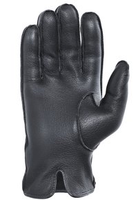 Schwarze Lederhandschuh mit strukturierter Oberfläche, Fünf-Finger-Design und verstärkten Nähten entlang der Nähte für Langlebigkeit.