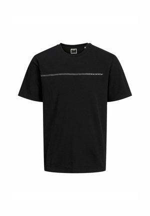 Black cotton t-shirt with a crew neck, short sleeves, and a horizontal silver graphic on the front displaying a brand name.