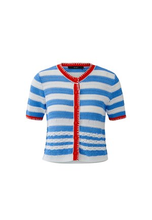 Kurzärmeliges Strickcardigan mit horizontalen blau-weißen Streifen, roter Knopfleiste, Kragen und Ärmelsäumen.